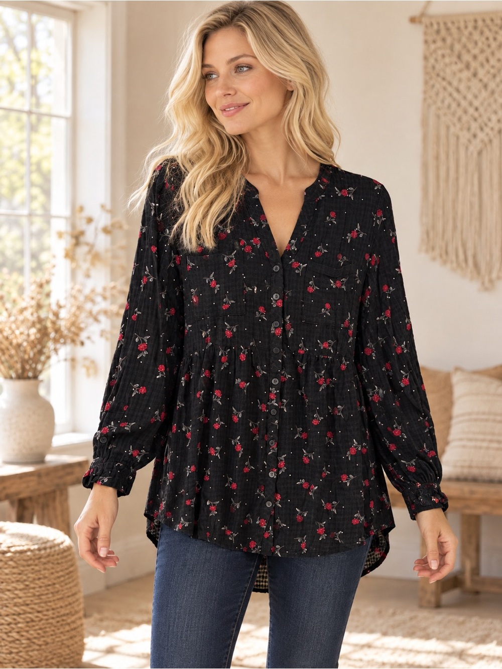 torrid Black Button-Down Blouse with Red Floral Print